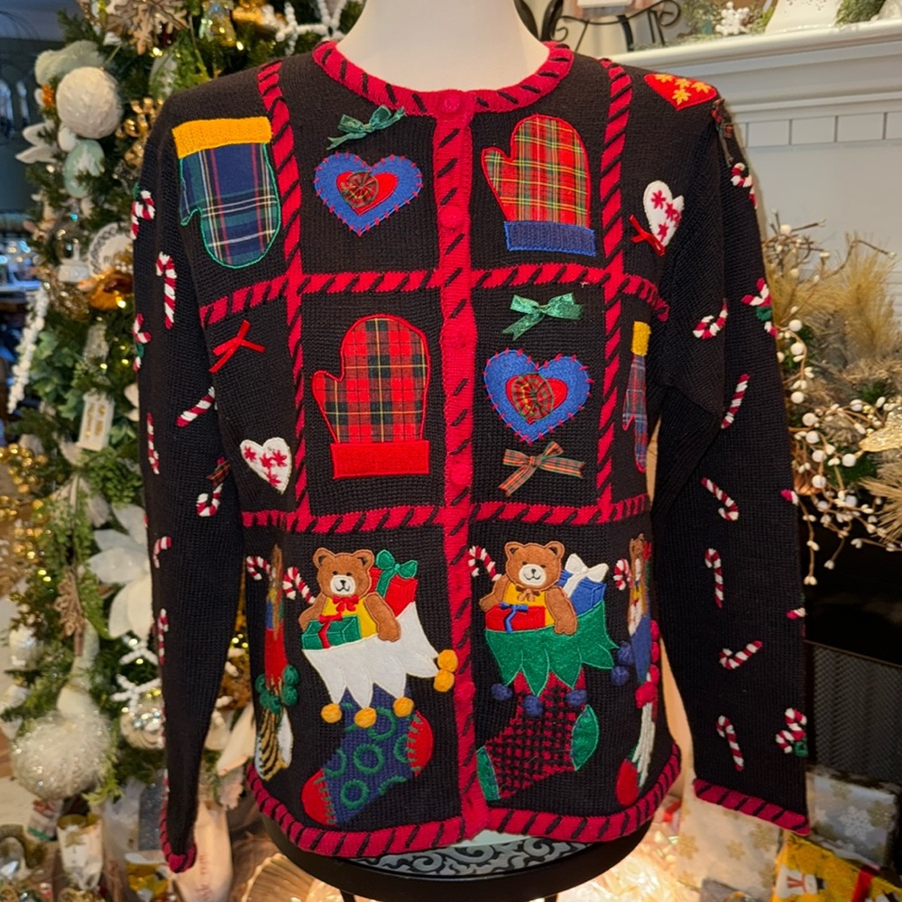 Vintage Christmas  Sweater Cardigan Designers Original Studio Ho Ho Ho Sz medium